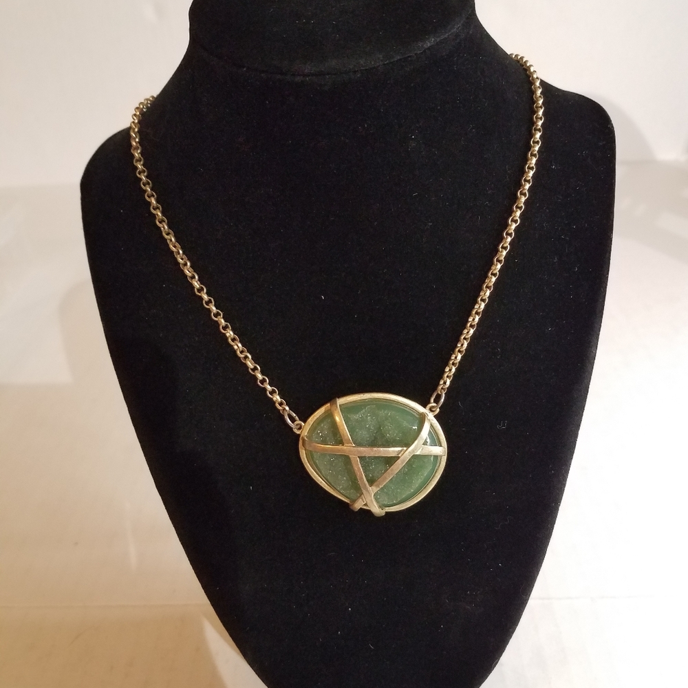 Gold green druzy necklace j323